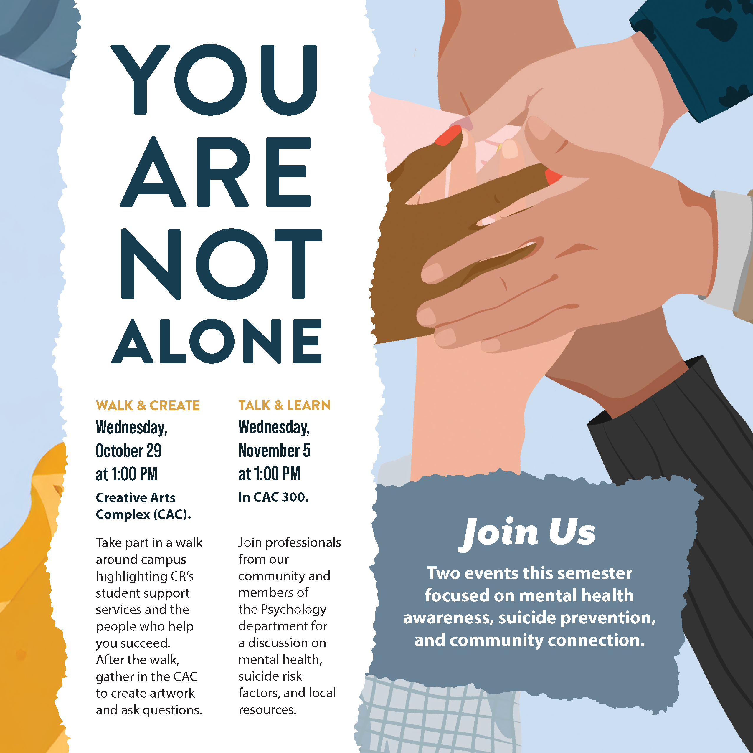 four hands layering together (all for one, one for all)