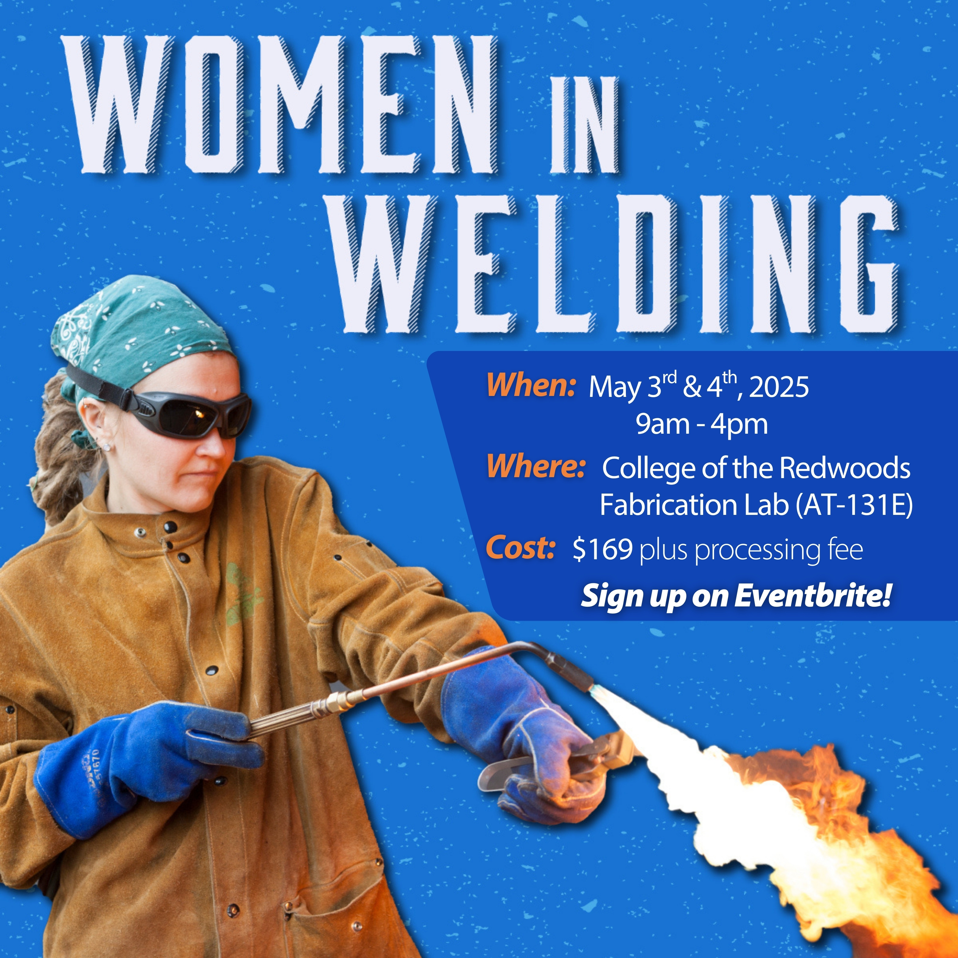 woman in goggles wielding a welding instrument spitting fire