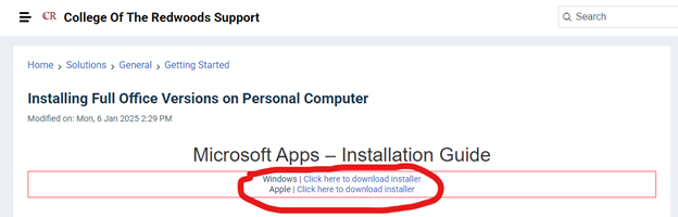 image depicts where to find the links to download the MS Office365 installation file.