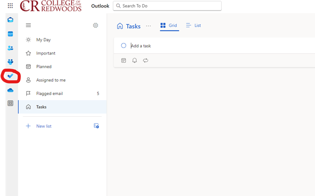 Access Outlook To Do by clicking the blue check mark icon in the far left menu of your CR Outlook email.
